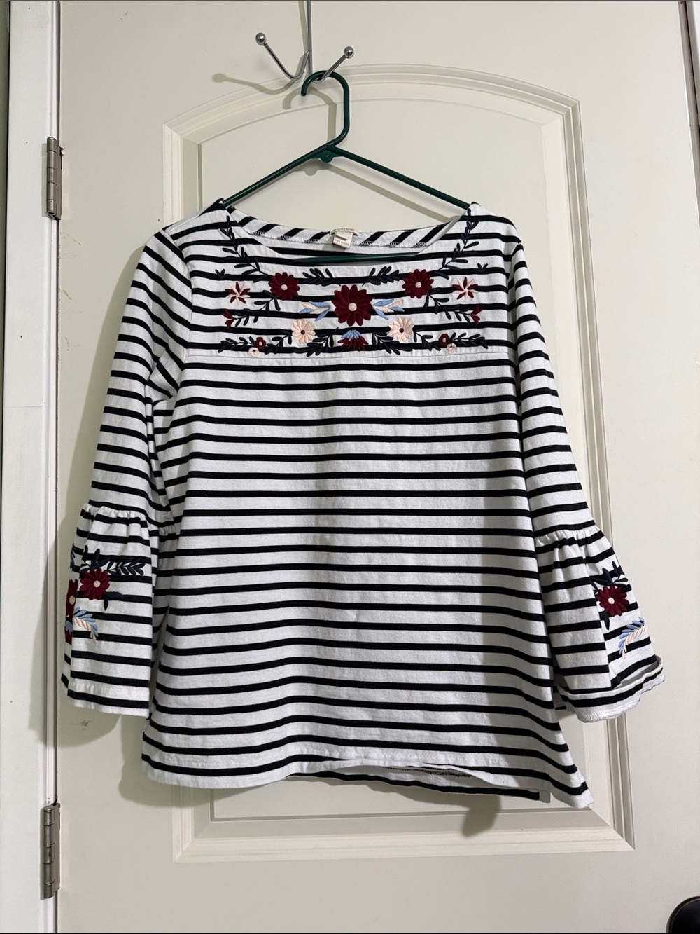 J. Crew Black & White Striped Boatneck Top with Floral Embroidery. Womens large
